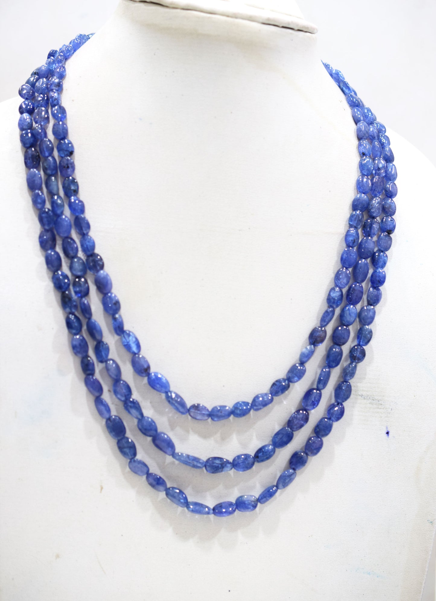 3 Lines Tanzanite Smooth Nuggets Shape Necklace , 3 Line Necklace 16 - 19 Inches Long With Adjustable Tussle , 6x8 - 6.5x10 mm , 20204