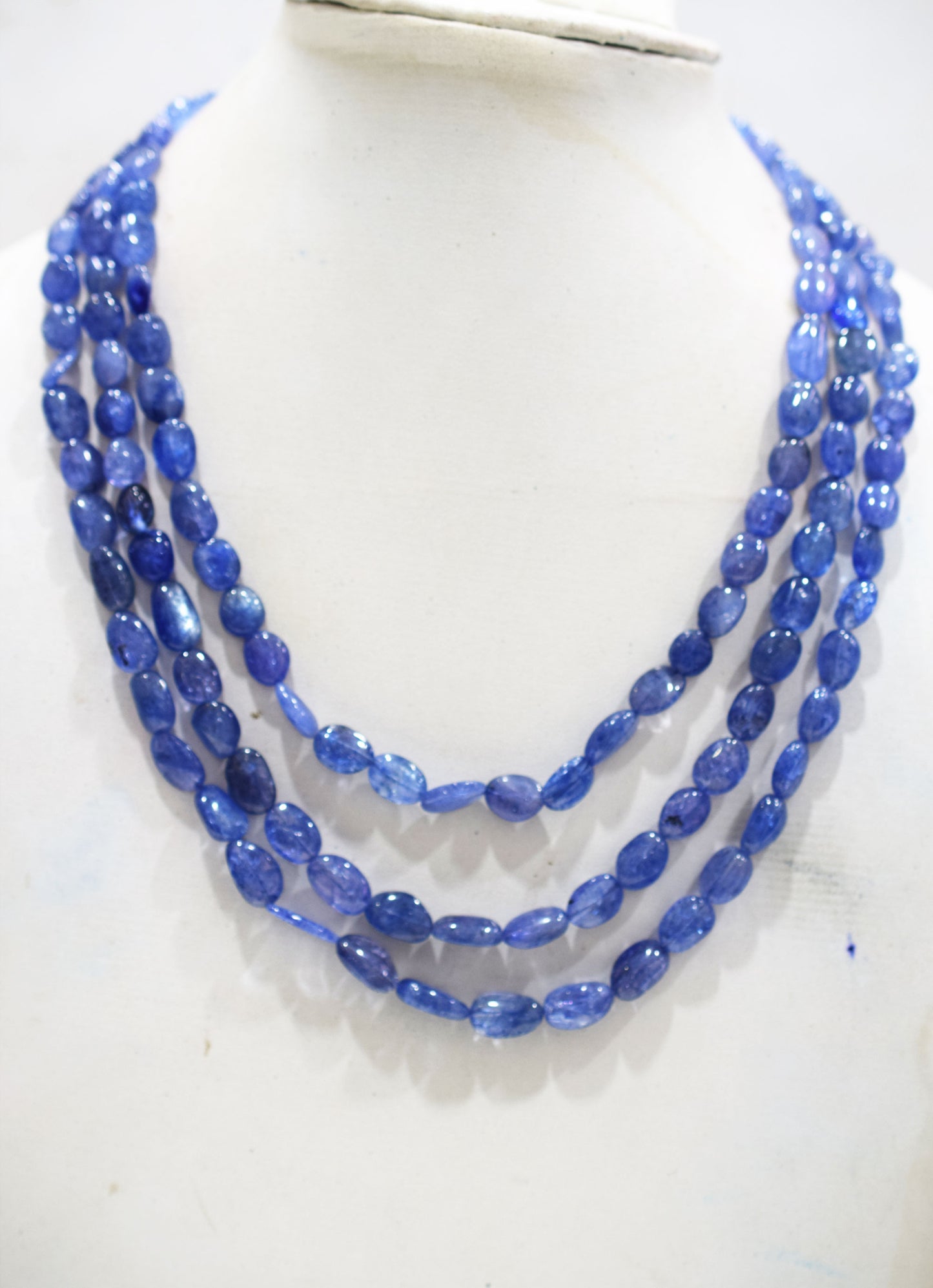 3 Lines Tanzanite Smooth Nuggets Shape Necklace , 3 Line Necklace 16 - 19 Inches Long With Adjustable Tussle , 7x8 - 8x13 mm , 20205
