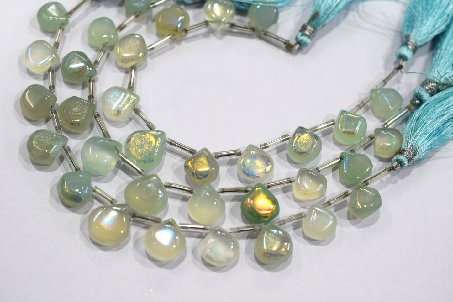 11 Pieces In A Strand , Aqua Chalcedony Rustic Style Titanium Coated Heart Shape Beads , 10 - 12 mm , 20412
