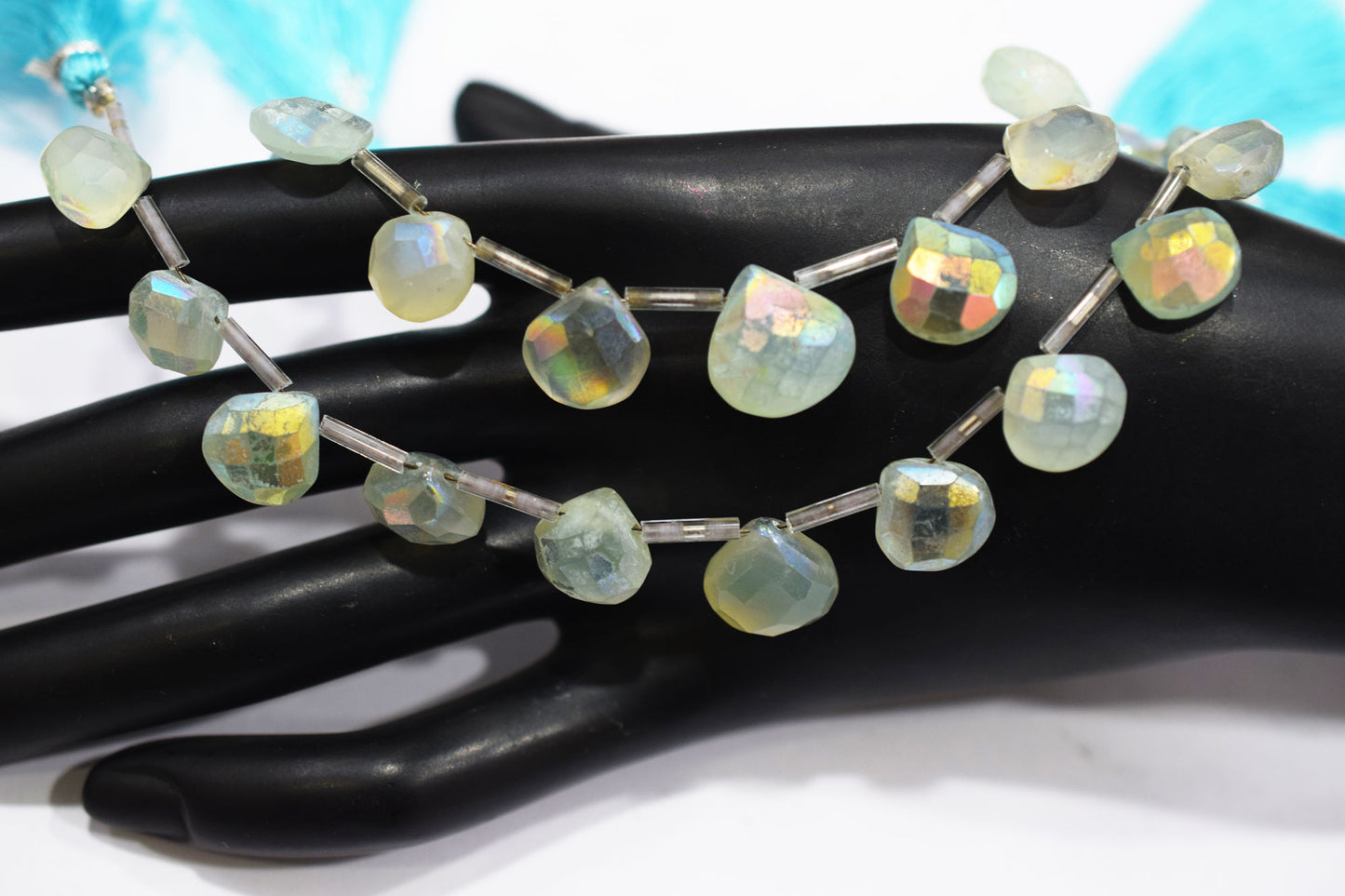 11 Pieces In A Strand , Aqua Chalcedony Rustic Style Titanium Coated Heart Shape Beads , 10 - 12 mm , 20413