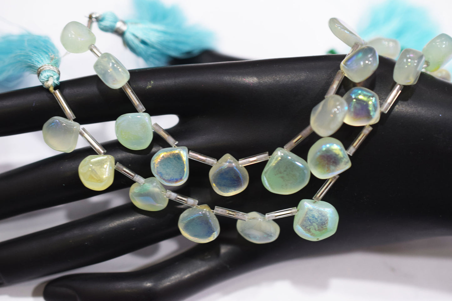 11 Pieces In A Strand , Aqua Chalcedony Rustic Style Titanium Coated Heart  Shape Beads , 9 - 13 mm , 20414