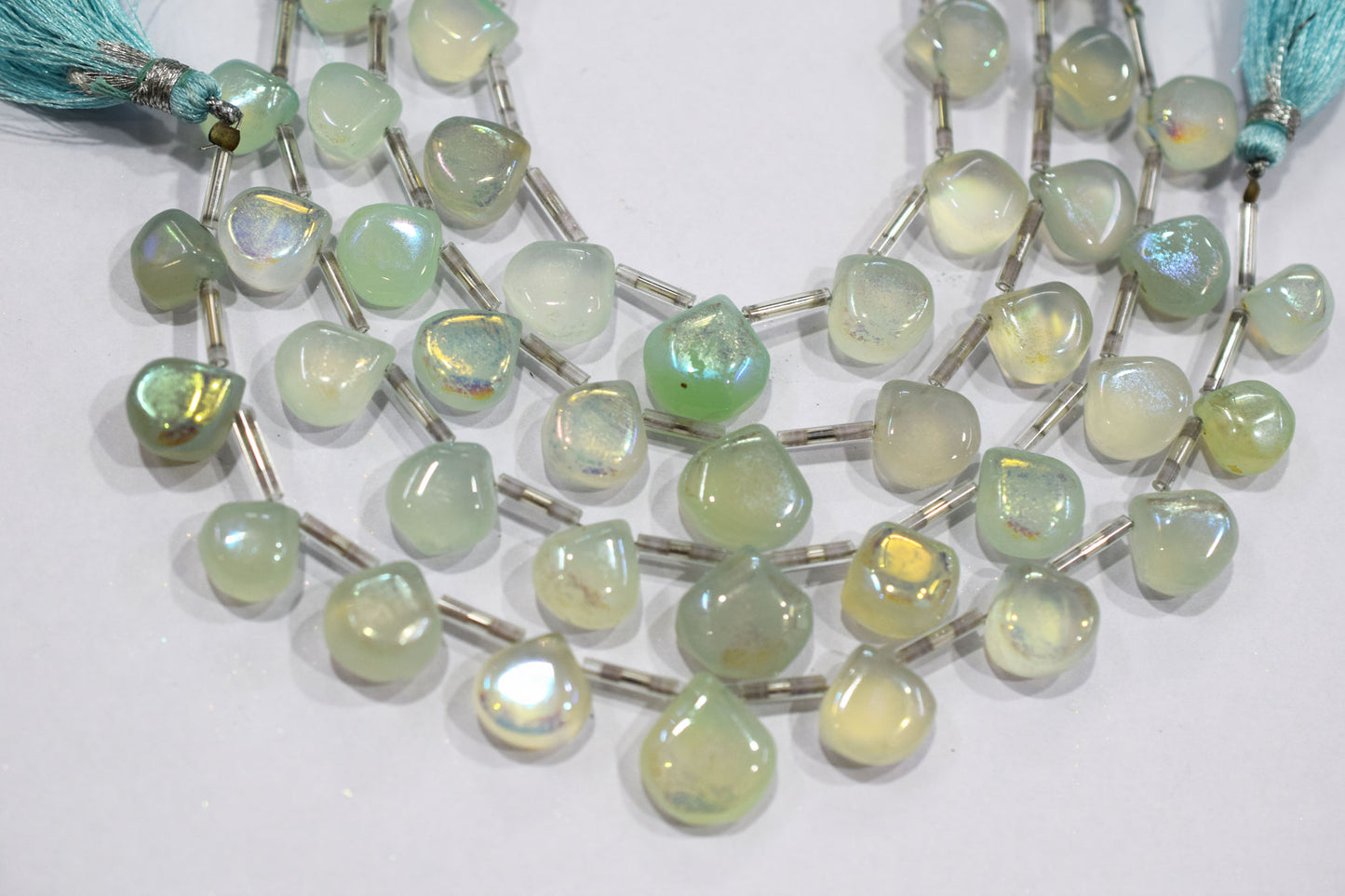 11 Pieces In A Strand , Aqua Chalcedony Rustic Style Titanium Coated Heart  Shape Beads , 9 - 13 mm , 20414
