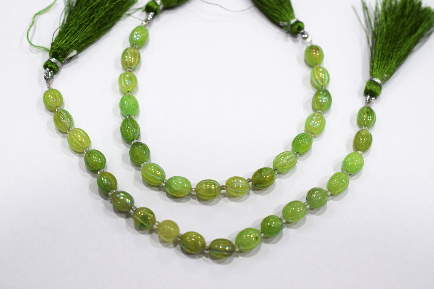 Rustic Metallic Coated Green Coloured Quartz Oval Carved Melon Shape Beads , Sold By Strand , 7x8 - 7.50x9.50 mm , 7" , 20416