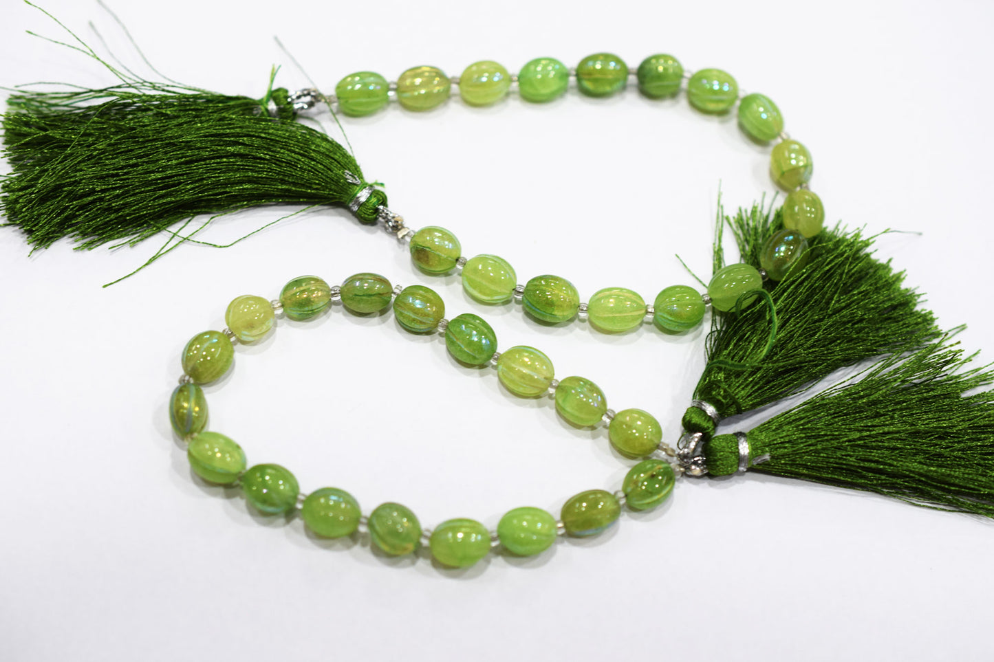 Rustic Metallic Coated Green Coloured Quartz Oval Carved Melon Shape Beads , Sold By Strand , 7x8 - 7.50x9.50 mm , 7" , 20416
