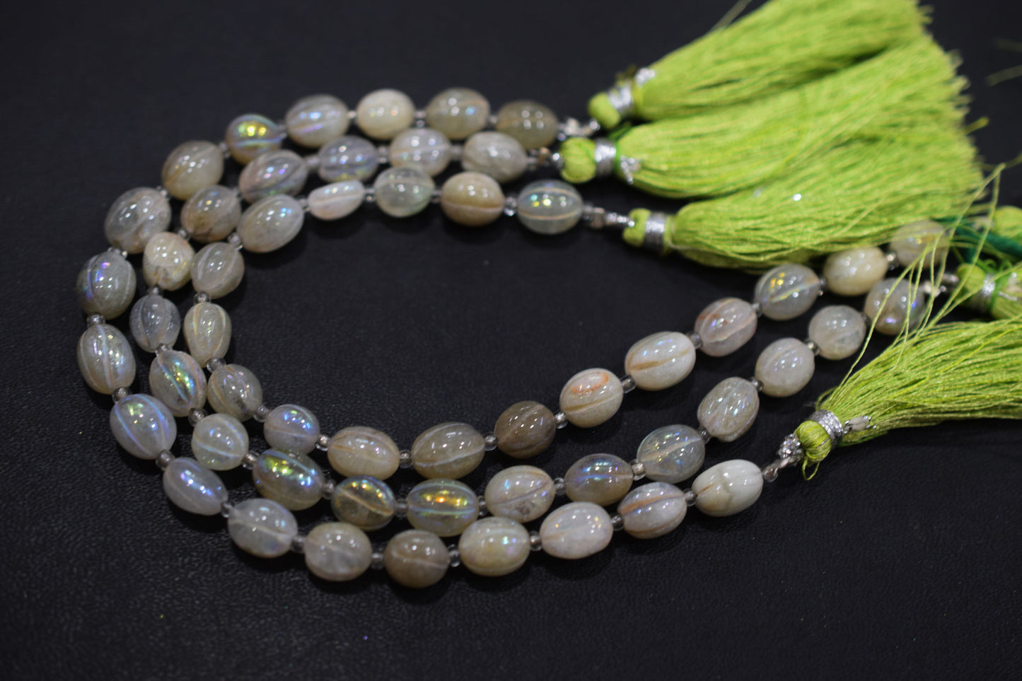 Rustic Metallic Coated Olive Green Coloured Quartz Oval Carved Melon Shape Beads , Sold By Strand , 6.5x8 - 7x9 mm , 7 Inches , 20417
