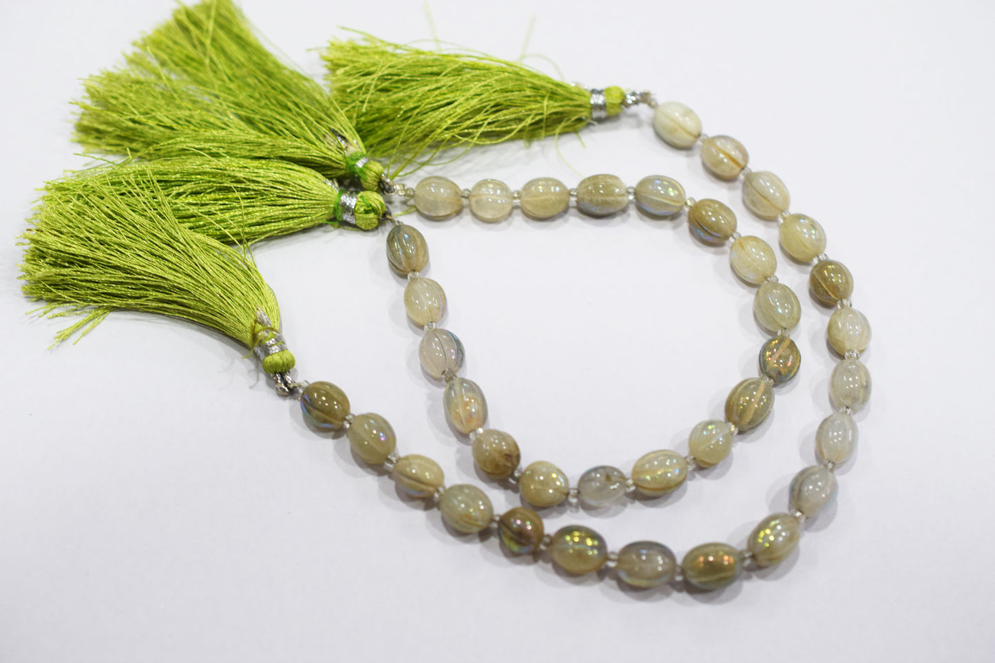 Rustic Metallic Coated Olive Green Coloured Quartz Oval Carved Melon Shape Beads , Sold By Strand , 6.5x8 - 7x9 mm , 7 Inches , 20417