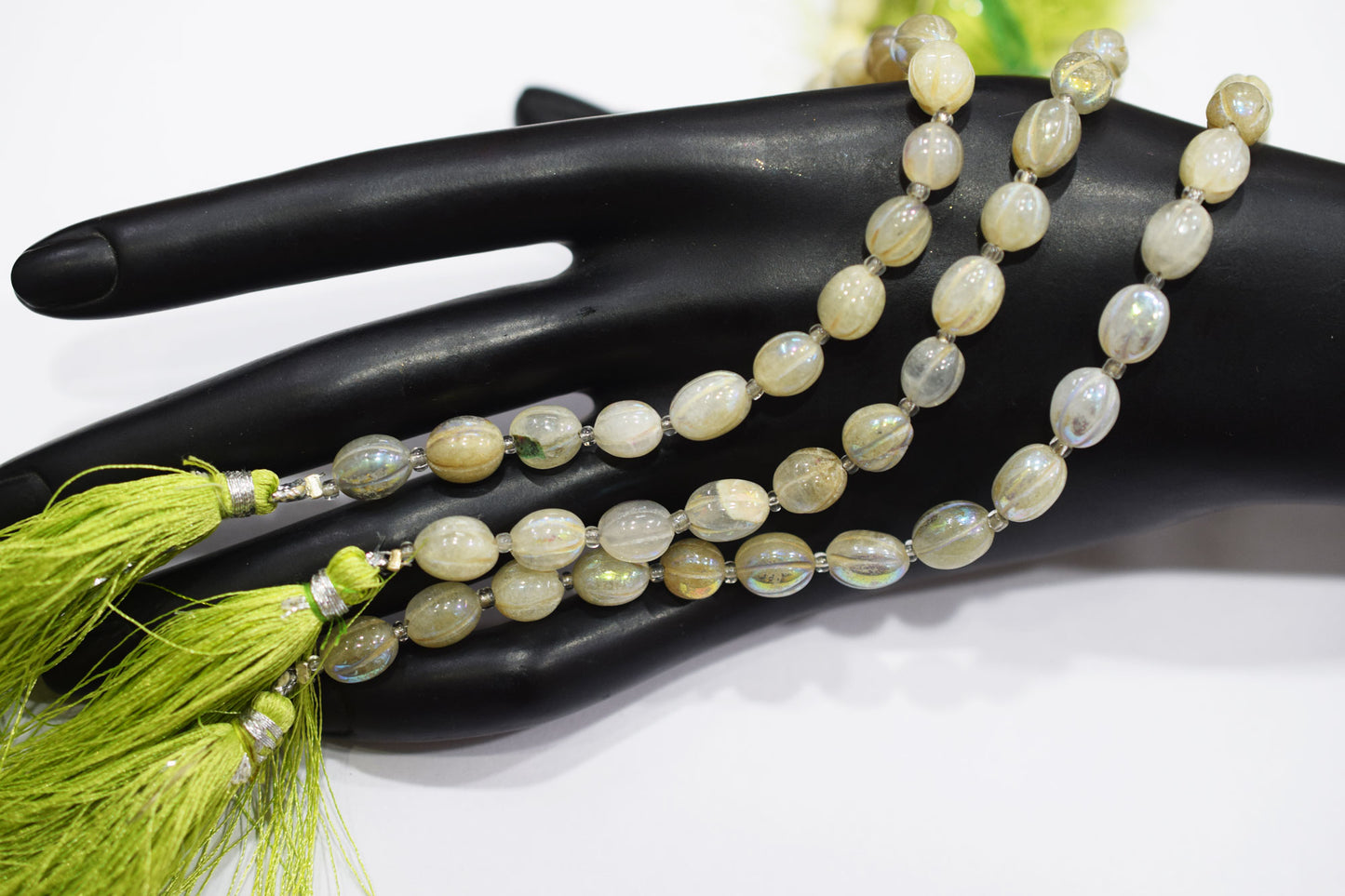 Rustic Metallic Coated Olive Green Coloured Quartz Oval Carved Melon Shape Beads , Sold By Strand , 6.5x8 - 7x9 mm , 7 Inches , 20417