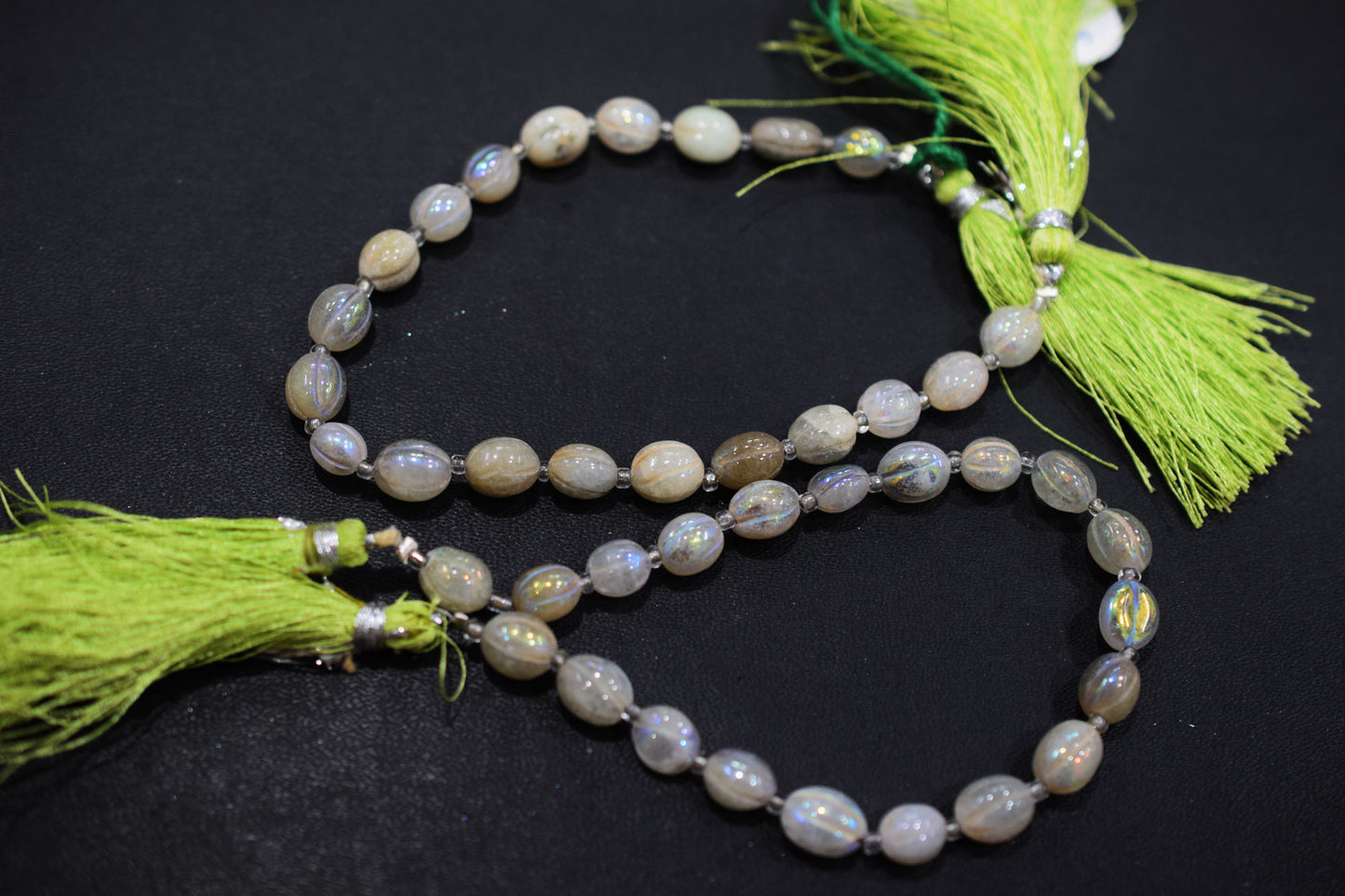 Rustic Metallic Coated Olive Green Coloured Quartz Oval Carved Melon Shape Beads , Sold By Strand , 4.5x6 - 5.5x7 mm , 7 Inches , 20418
