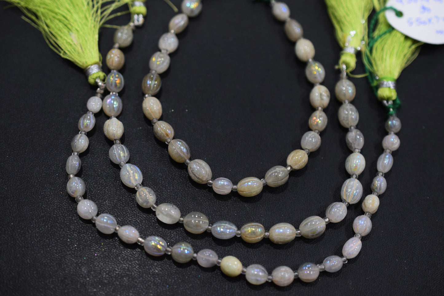 Rustic Metallic Coated Olive Green Coloured Quartz Oval Carved Melon Shape Beads , Sold By Strand , 4.5x6 - 5.5x7 mm , 7 Inches , 20418