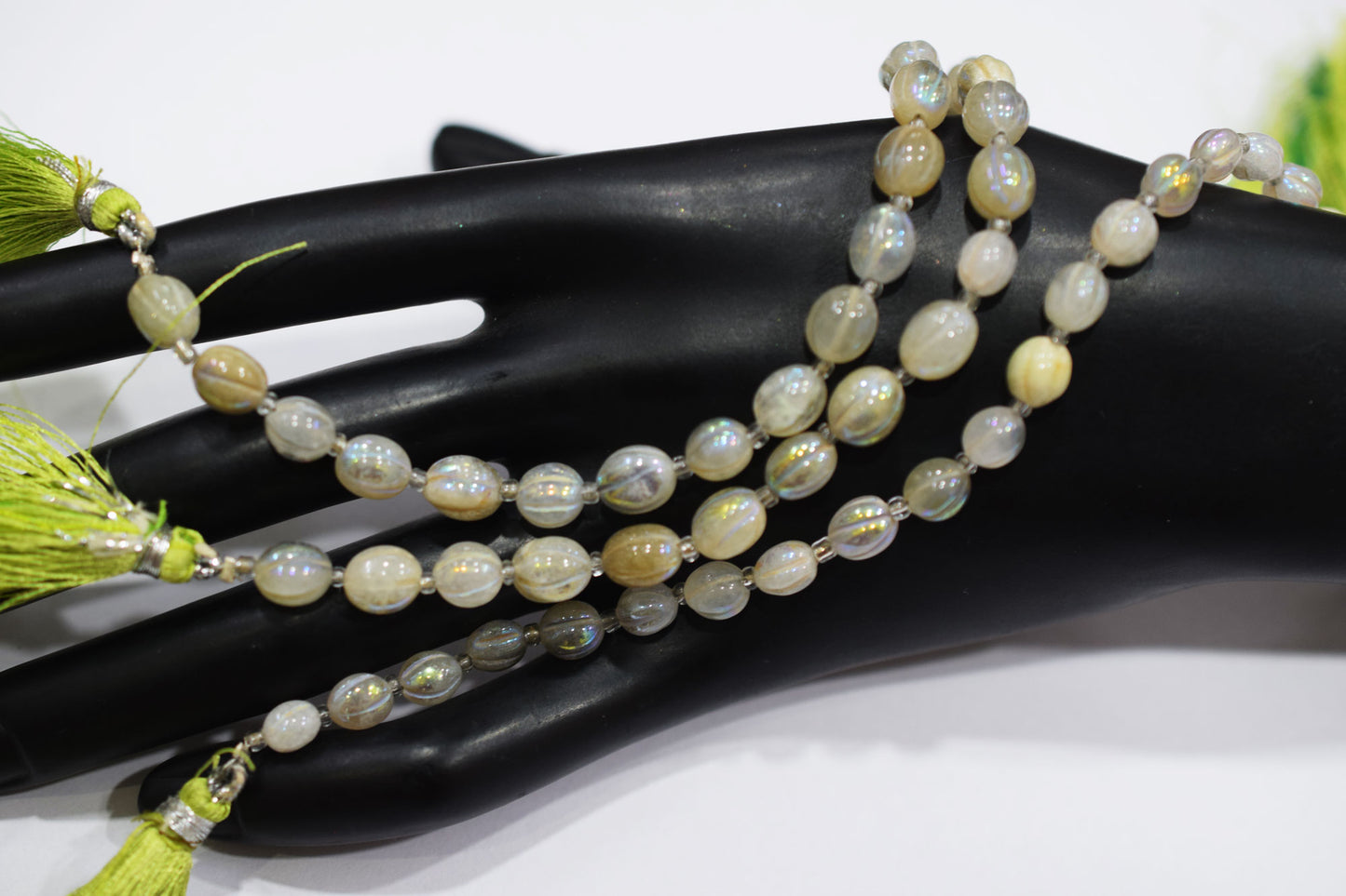 Rustic Metallic Coated Olive Green Coloured Quartz Oval Carved Melon Shape Beads , Sold By Strand , 4.5x6 - 5.5x7 mm , 7 Inches , 20418
