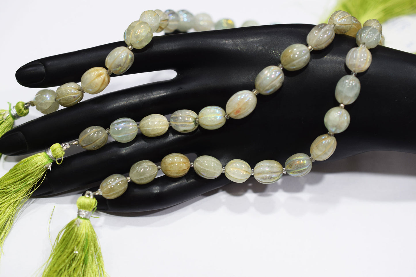 Rustic Metallic Coated Olive Green Coloured Quartz Oval Carved Melon Shape Beads , Sold By Strand , 9x11 - 10x11 mm , 7 Inches , 20419
