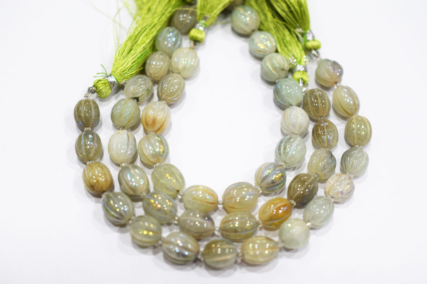 Rustic Metallic Coated Olive Green Coloured Quartz Oval Carved Melon Shape Beads , Sold By Strand , 9x11 - 10x11 mm , 7 Inches , 20419