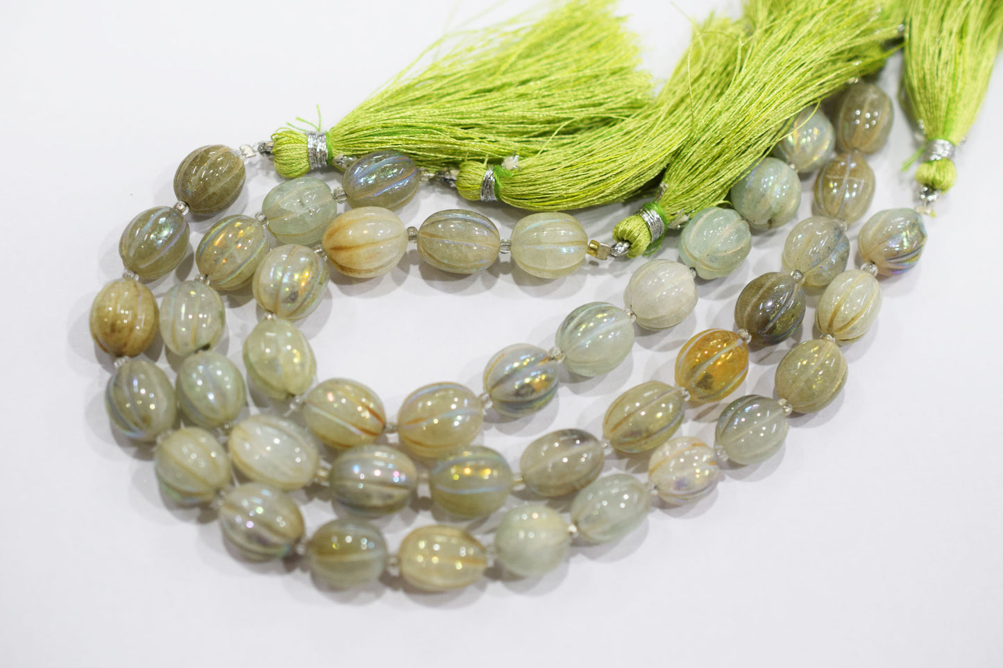 Rustic Metallic Coated Olive Green Coloured Quartz Oval Carved Melon Shape Beads , Sold By Strand , 9x11 - 10x11 mm , 7 Inches , 20419