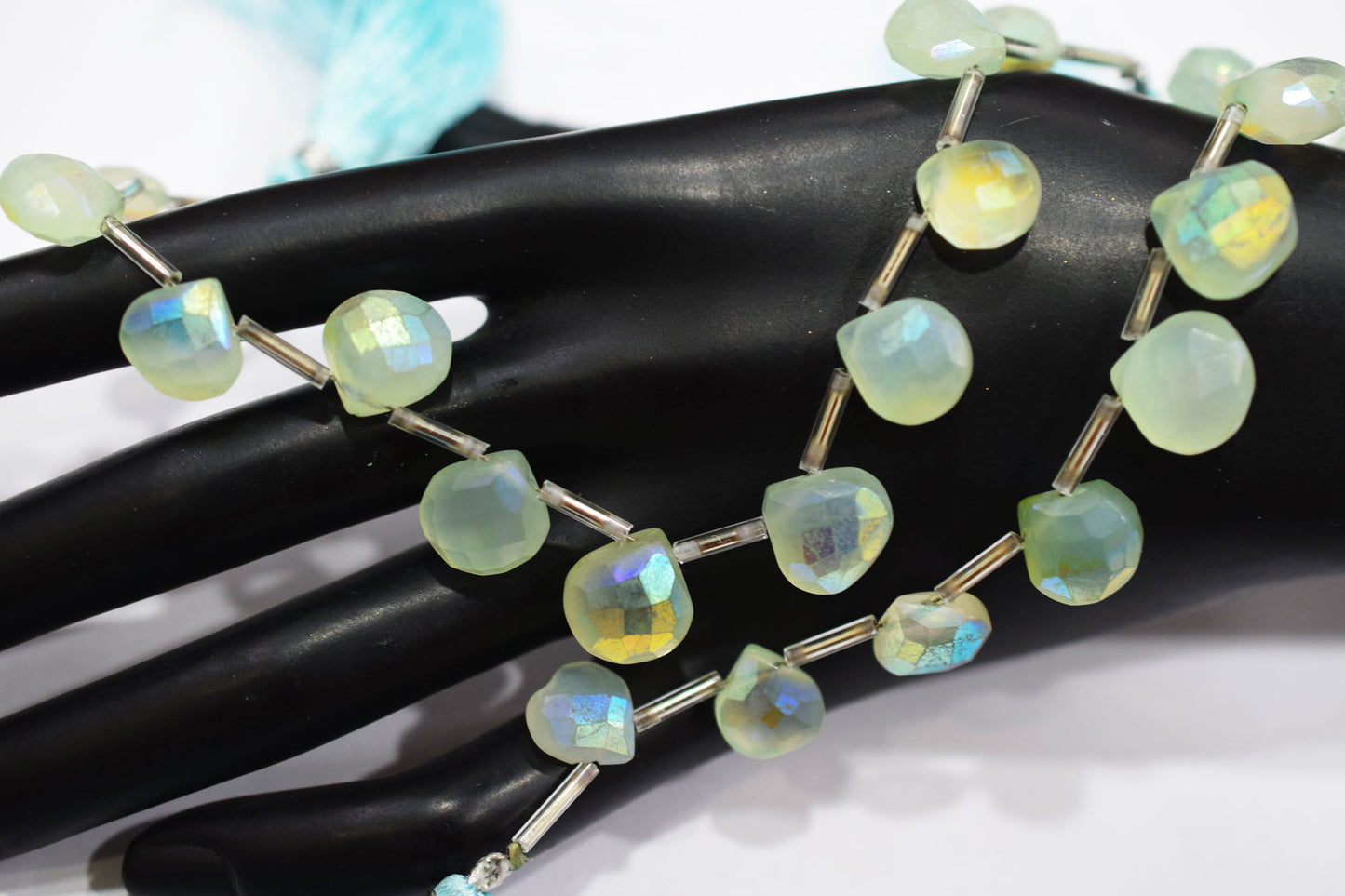 11 Pieces In A Strand , Aqua Chalcedony Rustic Style Titanium Coated Heart Shape Beads , 9 - 11 mm , 20420