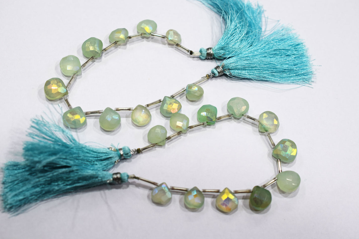 11 Pieces In A Strand , Aqua Chalcedony Rustic Style Titanium Coated Heart Shape Beads , 9 - 11 mm , 20420