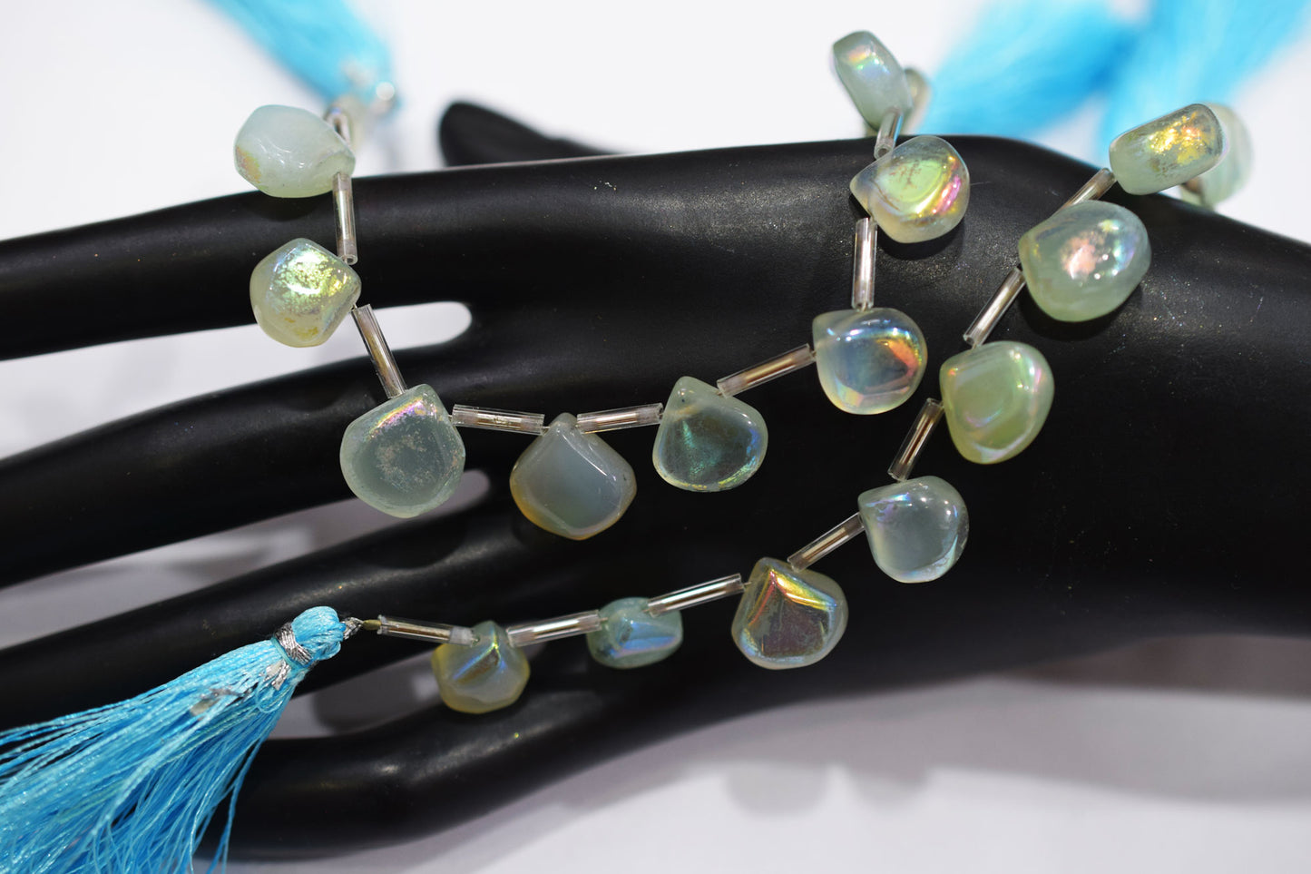 11 Pieces In A Strand , Aqua Chalcedony Rustic Style Titanium Coated Heart Shape Beads , 9 - 12 mm , 20421
