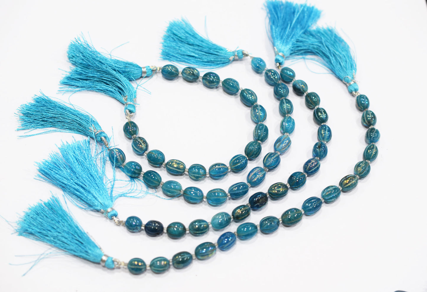 Rustic Metallic Coated Sky Blue Coloured Quartz Oval Carved Melon Shape Beads , Sold By Strand , 7.50x8.50 - 8.50x11.50 mm , 7" , 20427