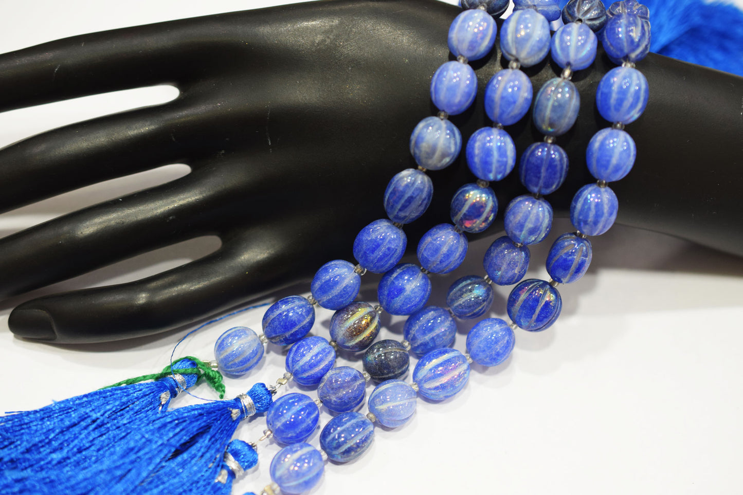 Rustic Metallic Coated Blue Coloured Quartz Oval Carved Melon Shape Beads , Sold By Strand , 9x10 - 10x12 mm , 7" , 20428