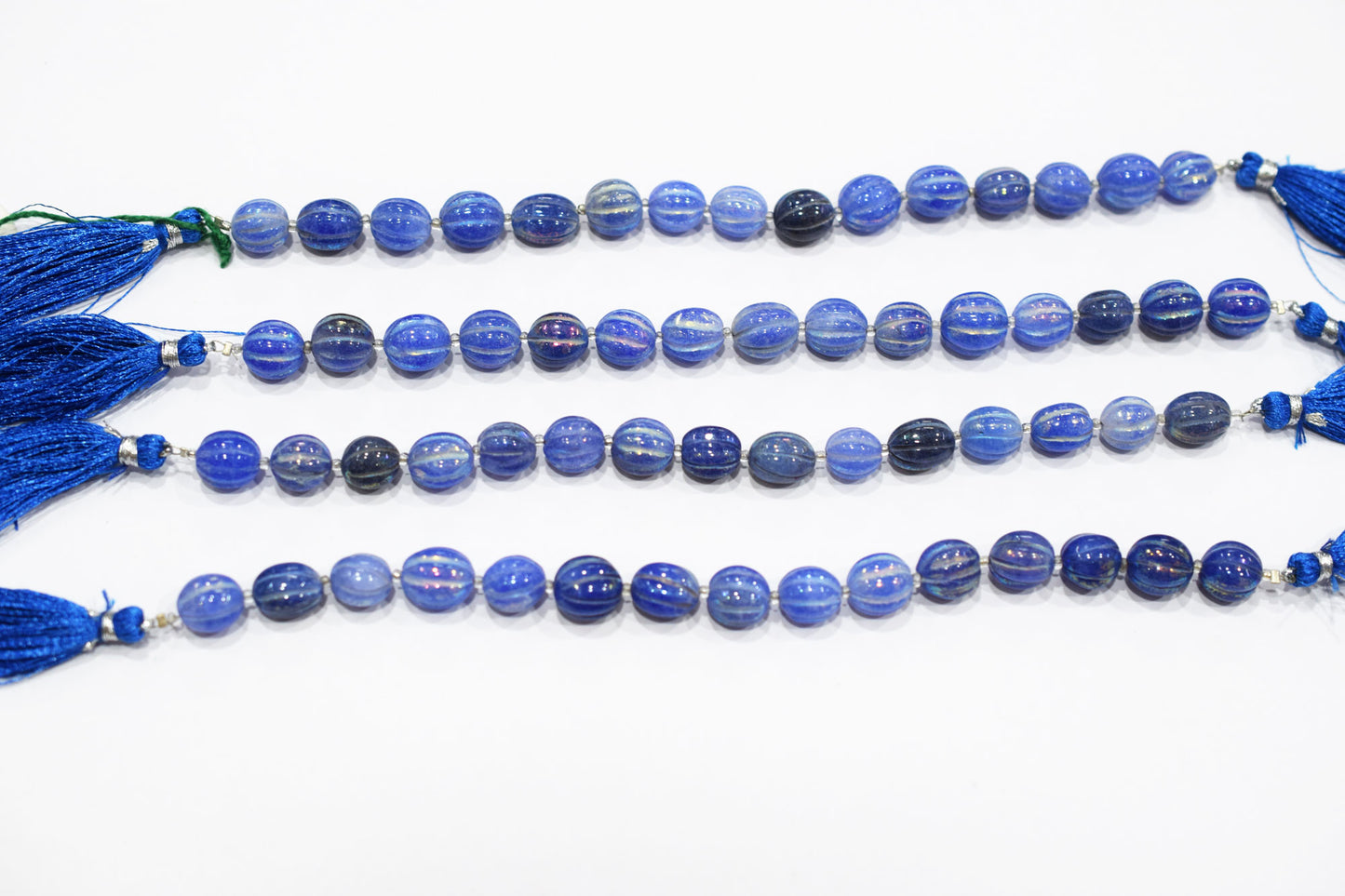 Rustic Metallic Coated Blue Coloured Quartz Oval Carved Melon Shape Beads , Sold By Strand , 9x10 - 10x12 mm , 7" , 20428
