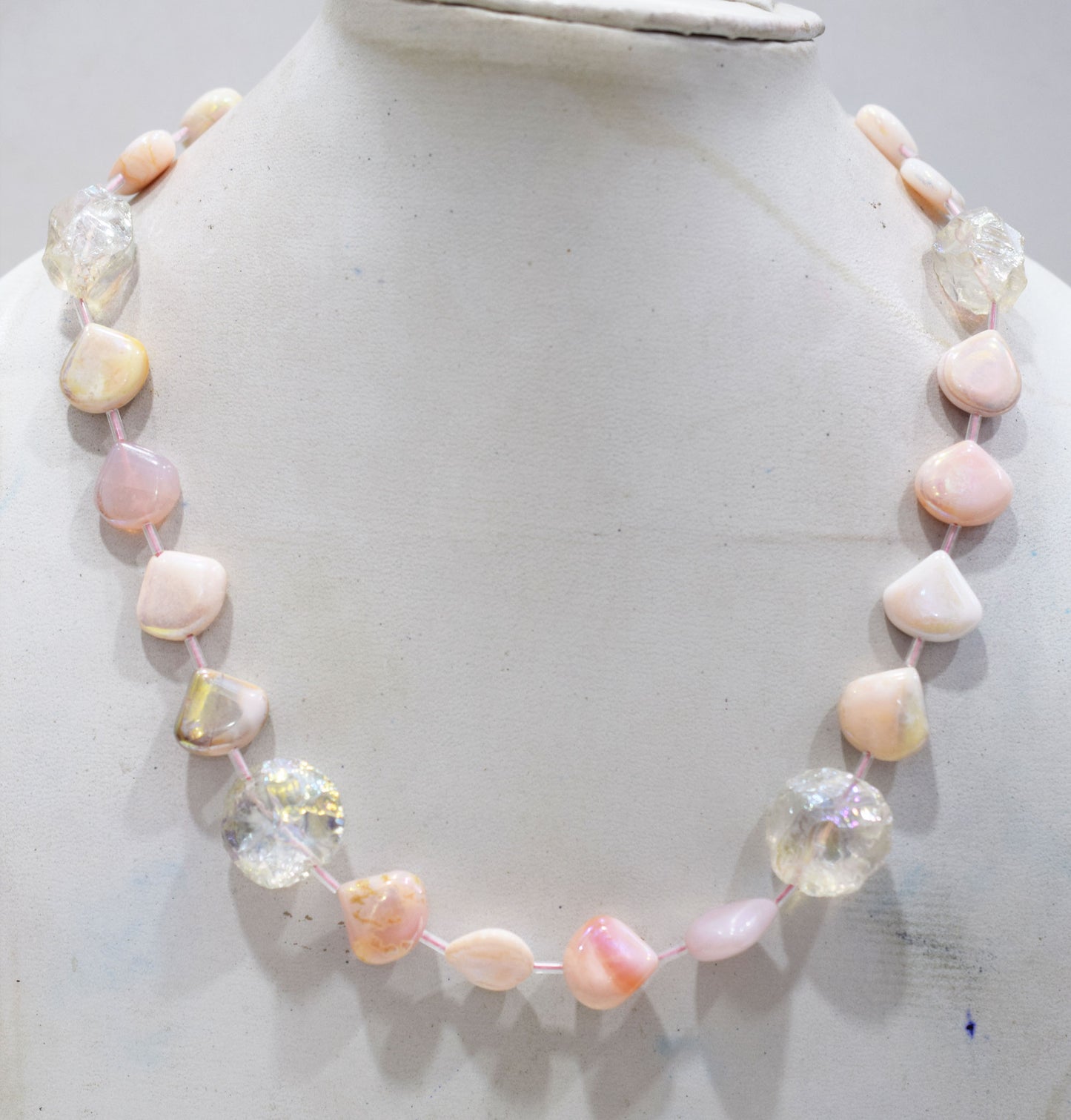 Rustic Metallic Coated Pink Opal And Herkimer Diamond Necklace , 14x14 - 20x20 mm , 17" , 20505