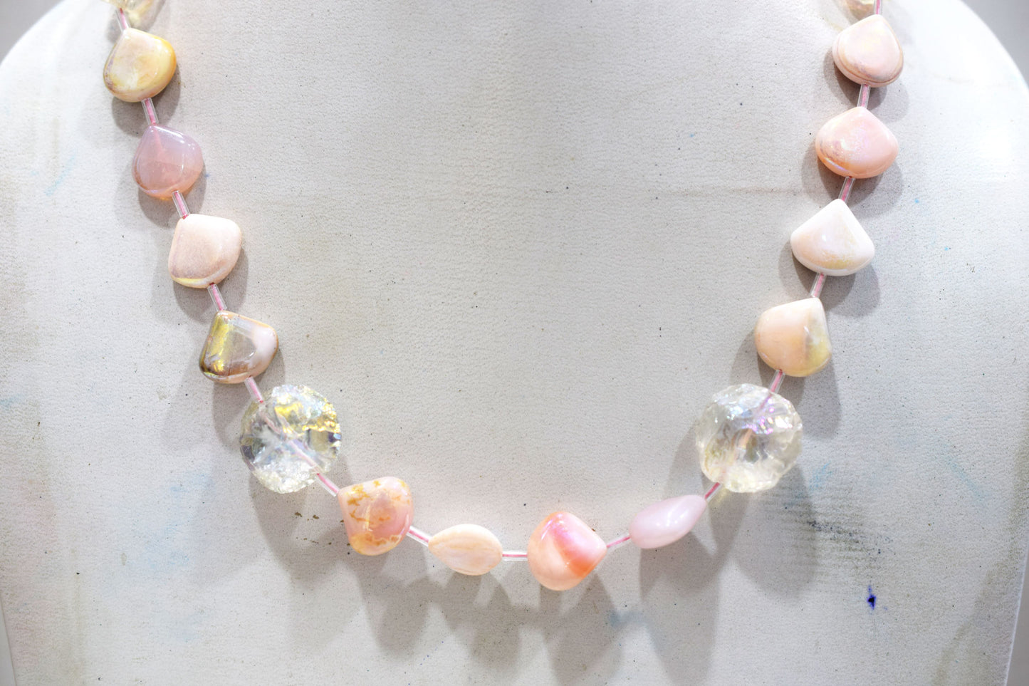 Rustic Metallic Coated Pink Opal And Herkimer Diamond Necklace , 14x14 - 20x20 mm , 17" , 20505