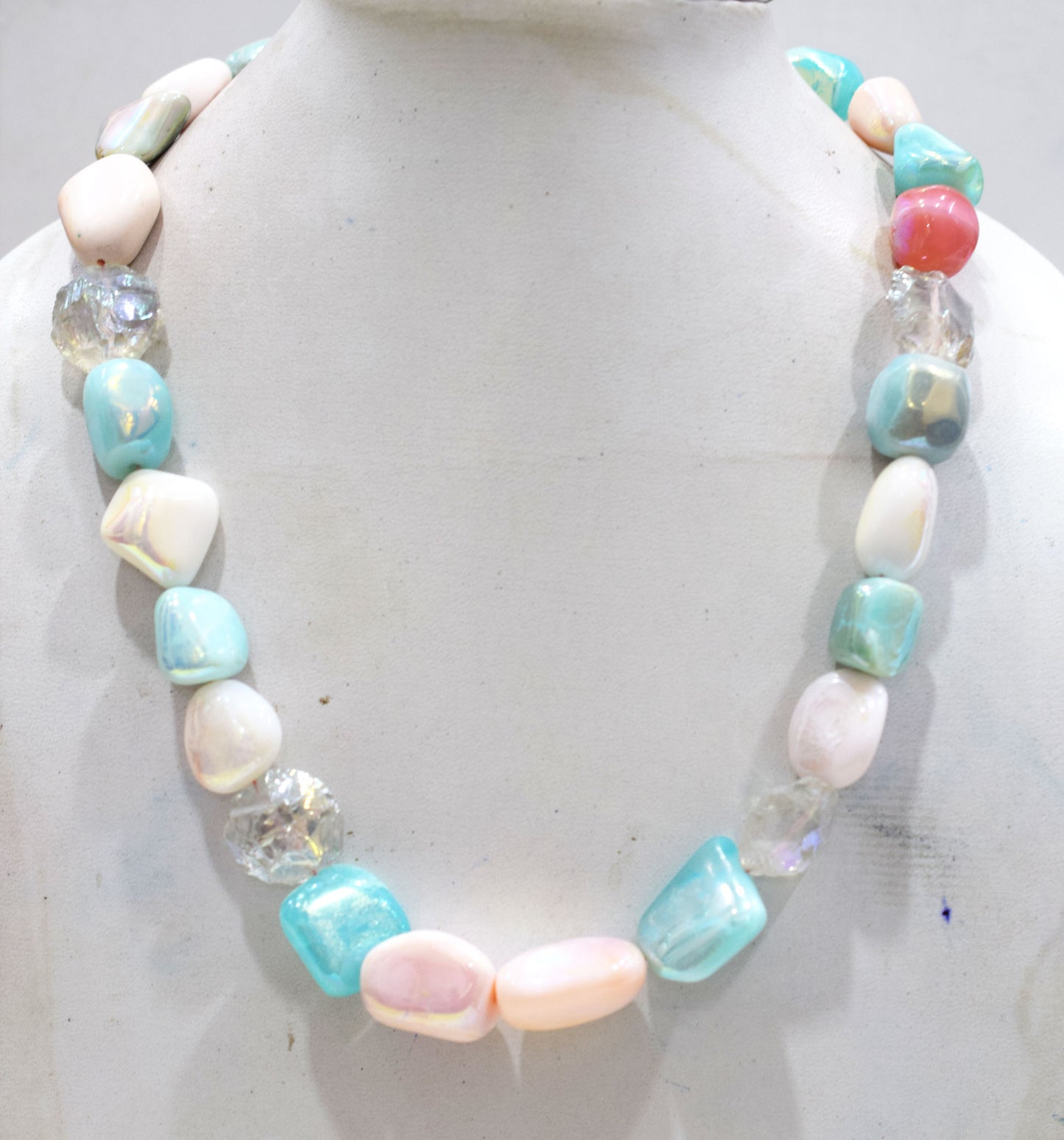 Rustic Metallic Coated Pink Opal With Blue Opal And Herkimer Diamond Necklace , 13x16 - 22x24 mm , 18" , 20506