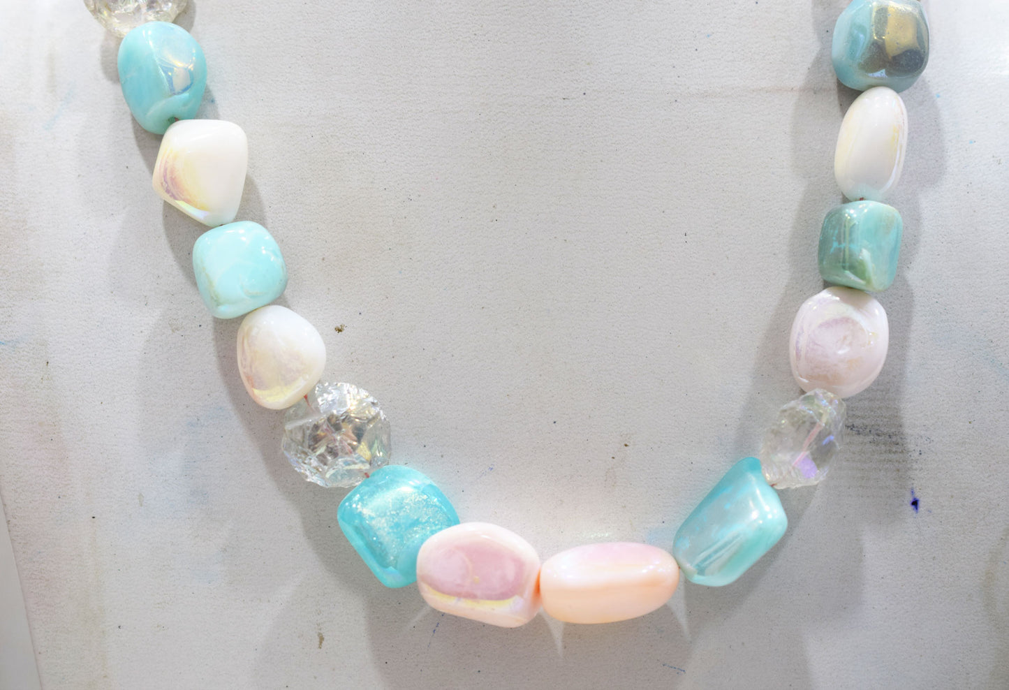 Rustic Metallic Coated Pink Opal With Blue Opal And Herkimer Diamond Necklace , 13x16 - 22x24 mm , 18" , 20506