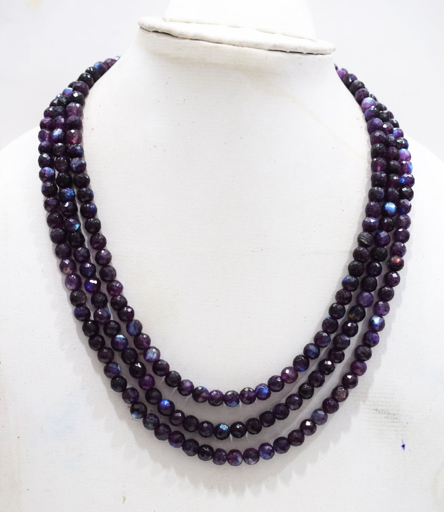 Purple Labradorite Faceted Round Shape Necklace , 3 Line Necklace 16 - 18 Inches Long With Adjustable Tussle , 6.50 mm , 20669