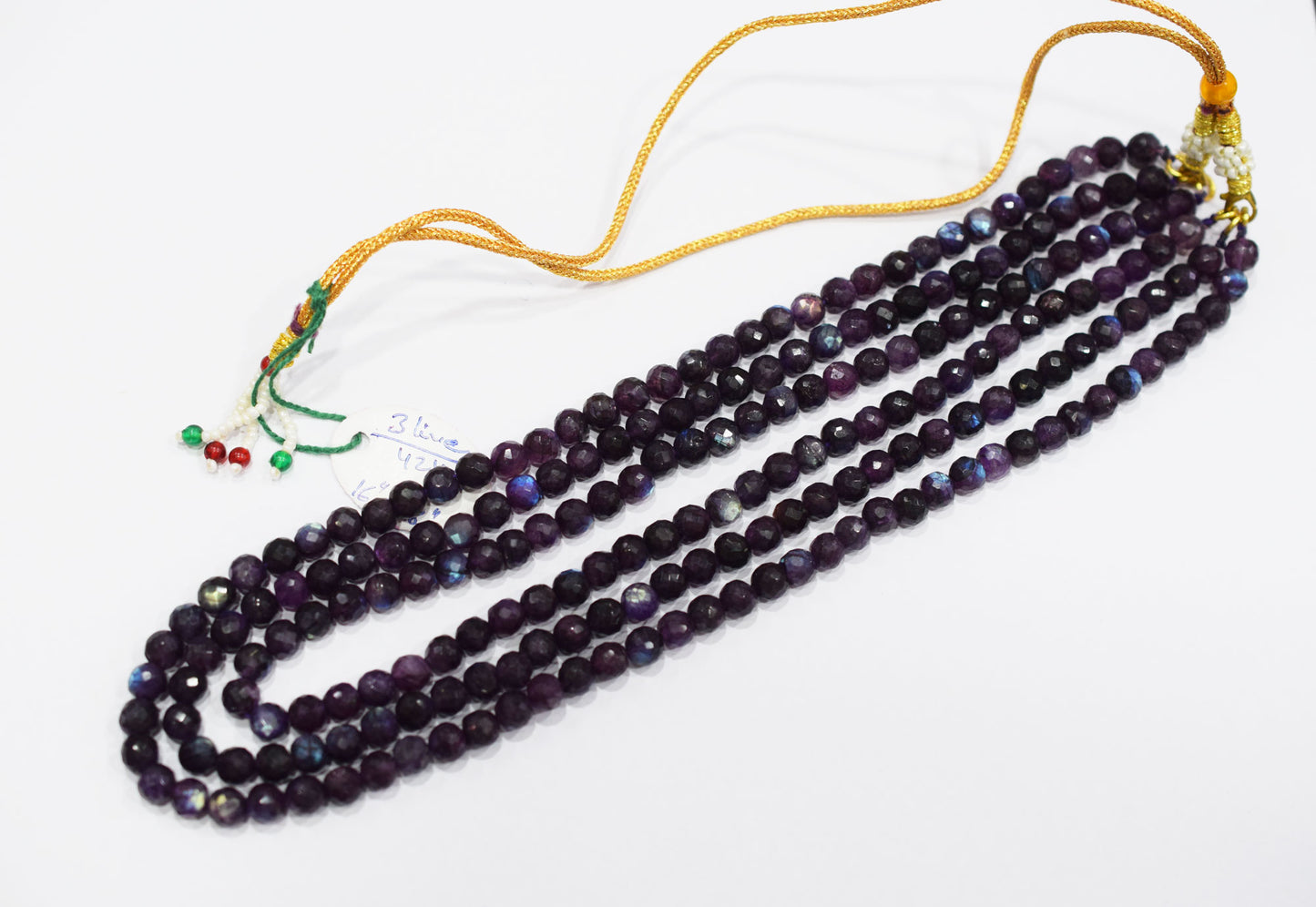 Purple Labradorite Faceted Round Shape Necklace , 3 Line Necklace 16 - 18 Inches Long With Adjustable Tussle , 6.50 mm , 20669