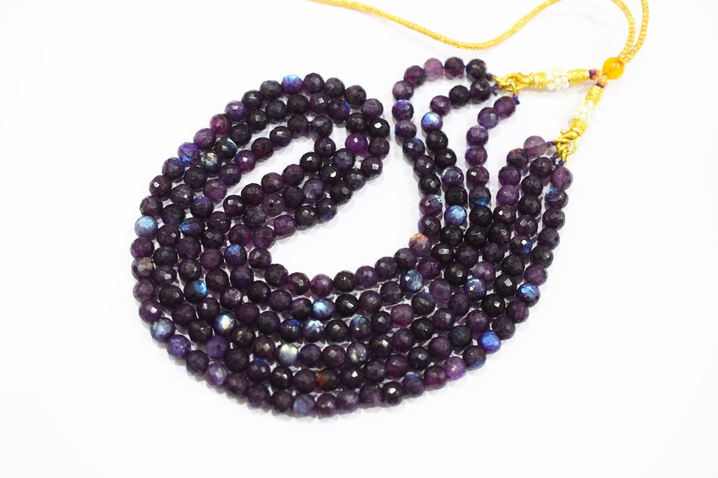 Purple Labradorite Faceted Round Shape Necklace , 3 Line Necklace 16 - 18 Inches Long With Adjustable Tussle , 6.50 mm , 20669