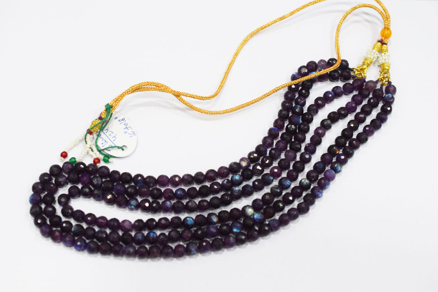 Purple Labradorite Faceted Round Shape Necklace , 3 Line Necklace 16 - 18 Inches Long With Adjustable Tussle , 6.50 mm , 20669