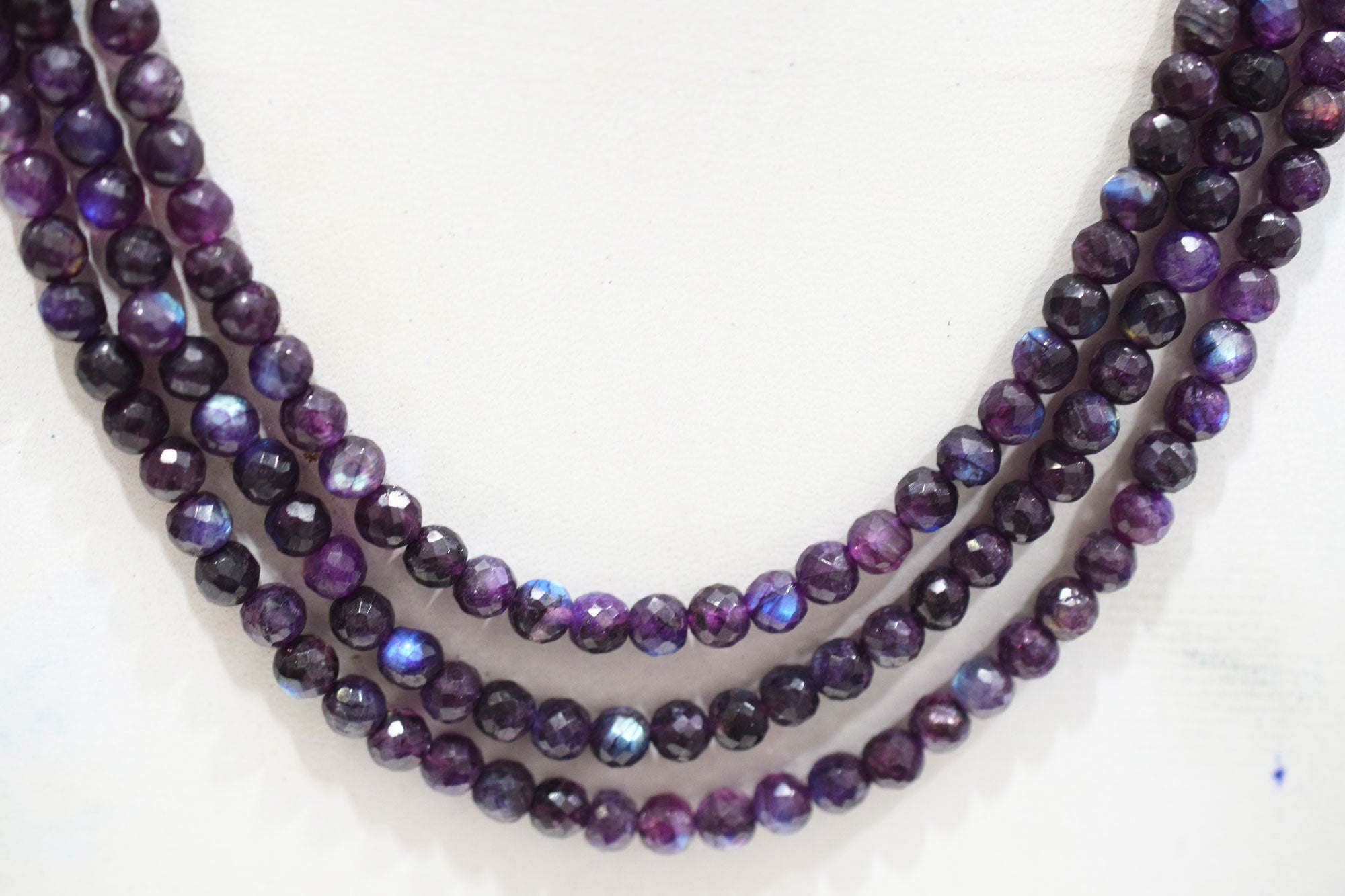 Purple Labradorite Faceted Round Shape Necklace , 3 Line Necklace 16 - 18 Inches Long With Adjustable Tussle , 6.50 mm , 20669