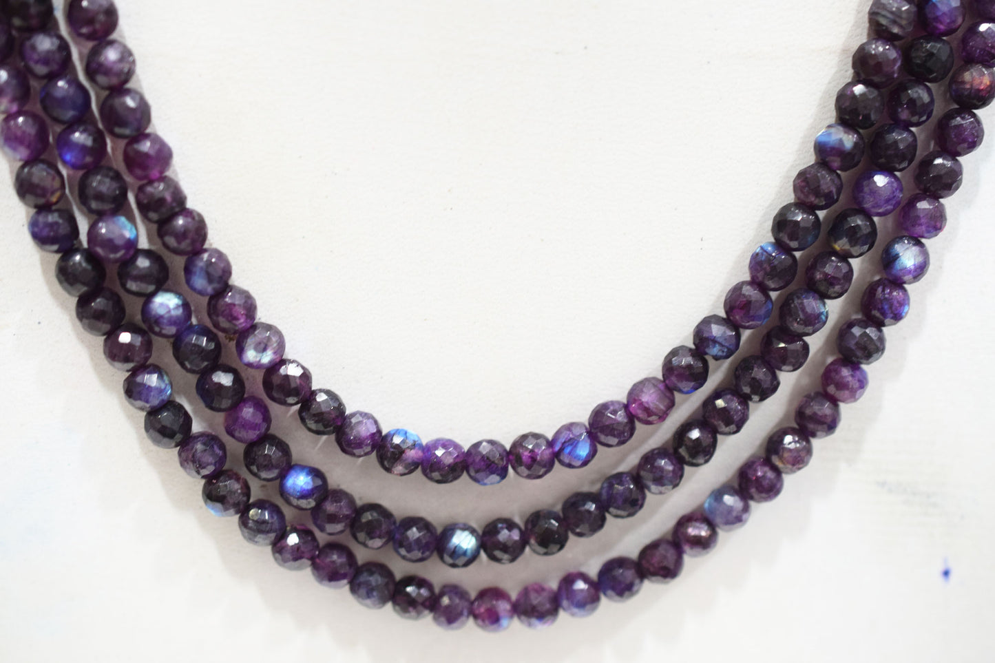 Purple Labradorite Faceted Round Shape Necklace , 3 Line Necklace 16 - 18 Inches Long With Adjustable Tussle , 6.50 mm , 20669