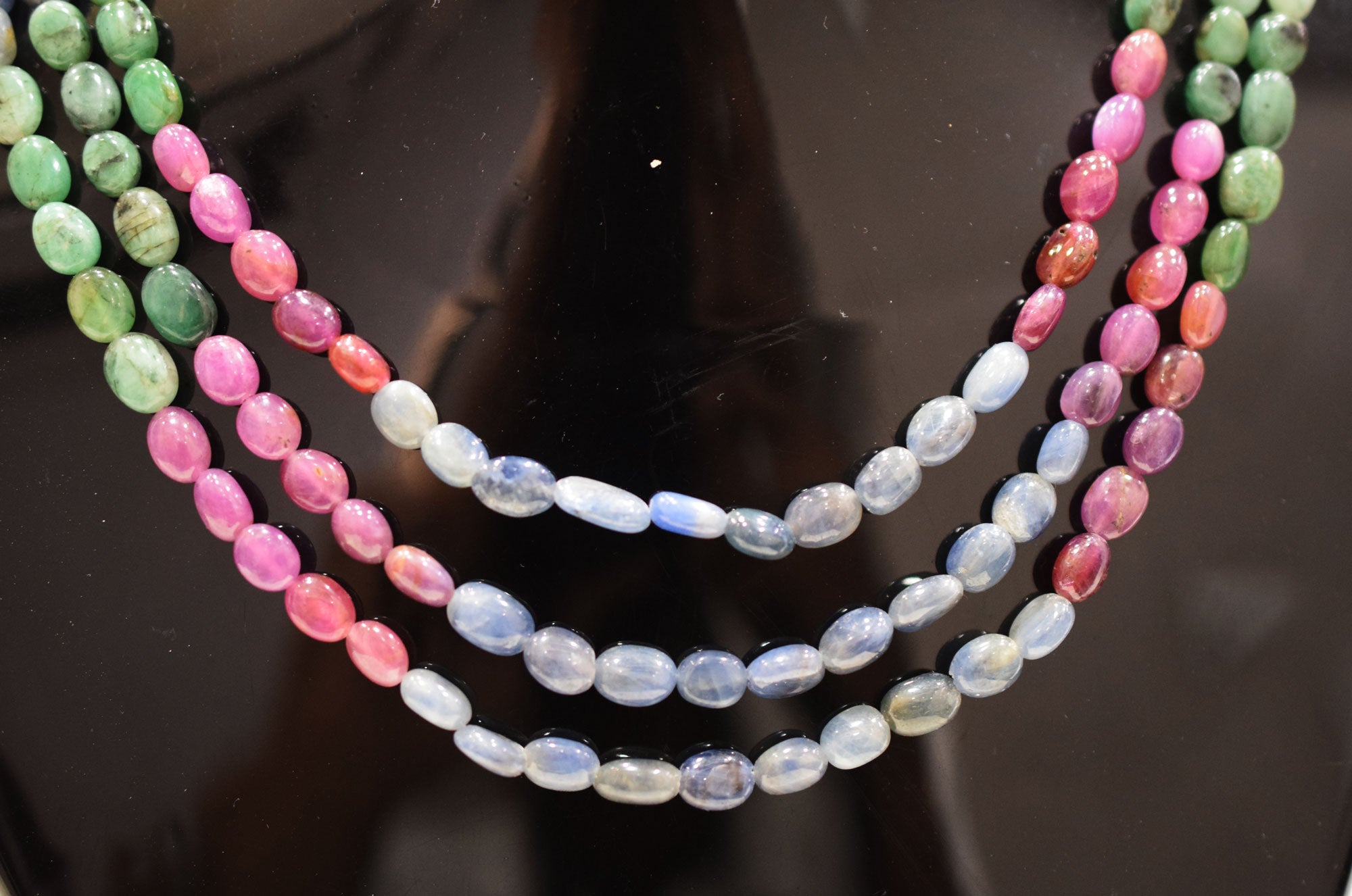 Natural Multi Sapphire Smooth Oval Shape Necklace , 3 Line Necklace 15 - 18 Inches Long With Adjustable Tussle , 6x7 - 6.5x9 mm , 20671