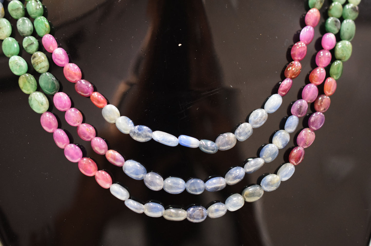 Natural Multi Sapphire Smooth Oval Shape Necklace , 3 Line Necklace 15 - 18 Inches Long With Adjustable Tussle , 6x7 - 6.5x9 mm , 20671
