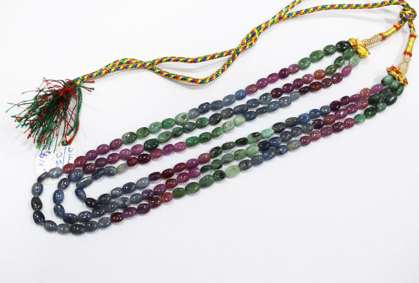 Natural Multi Sapphire Smooth Oval Shape Necklace , 3 Line Necklace 15 - 18 Inches Long With Adjustable Tussle , 6x7 - 6.5x9 mm , 20671