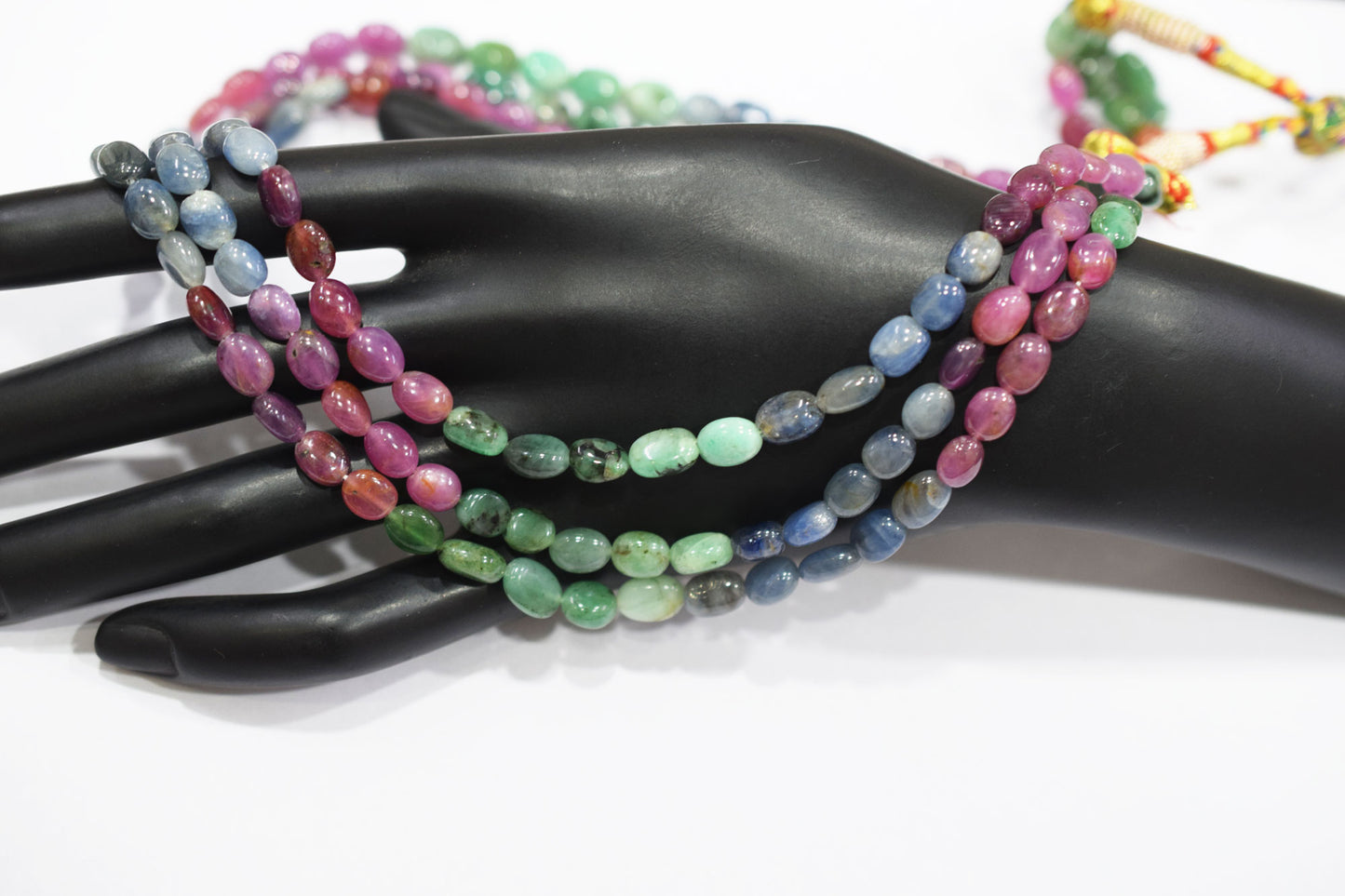 Natural Multi Sapphire Smooth Oval Shape Necklace , 3 Line Necklace 15 - 18 Inches Long With Adjustable Tussle , 6x7 - 6.5x9 mm , 20671