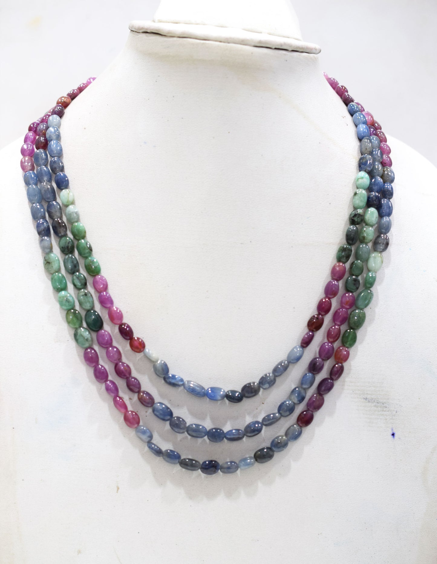 Natural Multi Sapphire Smooth Oval Shape Necklace , 3 Line Necklace 15 - 18 Inches Long With Adjustable Tussle , 6x7 - 6.5x9 mm , 20671