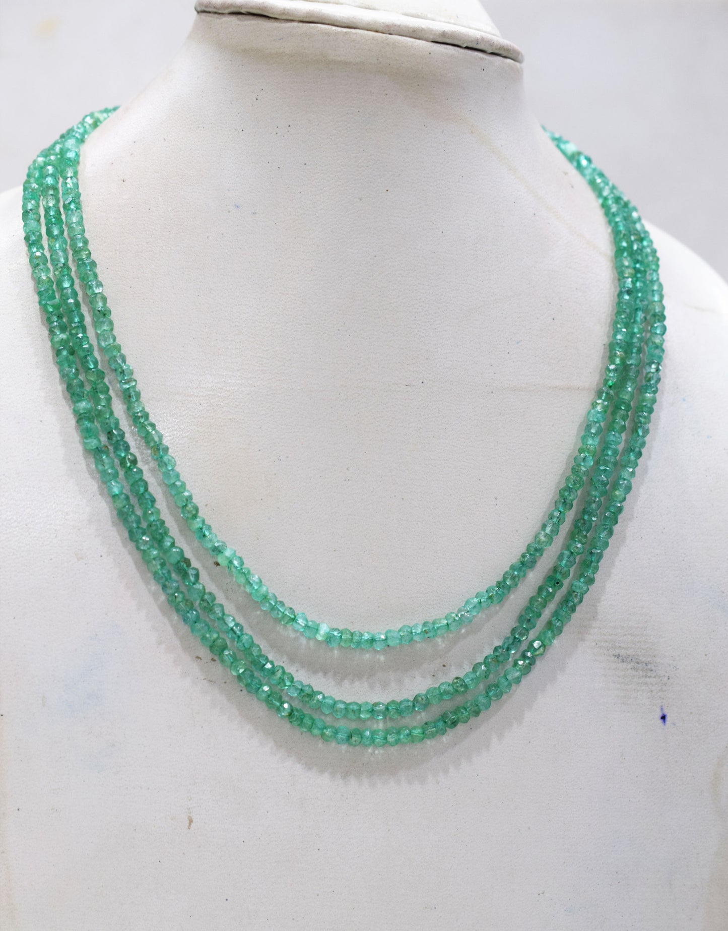 Green Strawberry Faceted Rondelle Shape Necklace , 3 Line Necklace 16 - 18 Inches Long With Adjustable Tussle , 4.25 mm , 20674