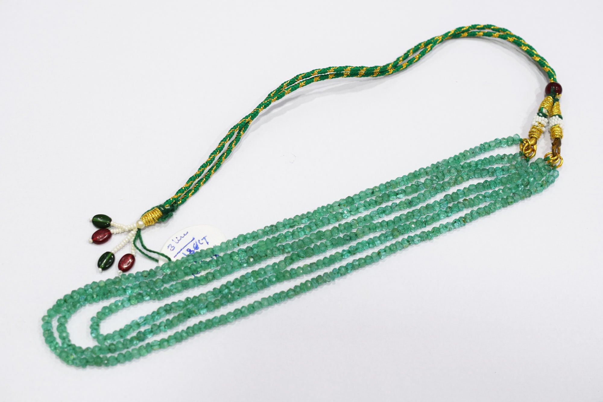Green Strawberry Faceted Rondelle Shape Necklace , 3 Line Necklace 16 - 18 Inches Long With Adjustable Tussle , 4.25 mm , 20674