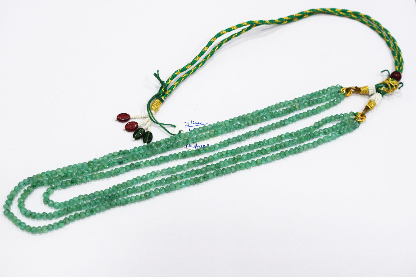 Green Strawberry Faceted Rondelle Shape Necklace , 3 Line Necklace 16 - 18 Inches Long With Adjustable Tussle , 4.25 mm , 20675