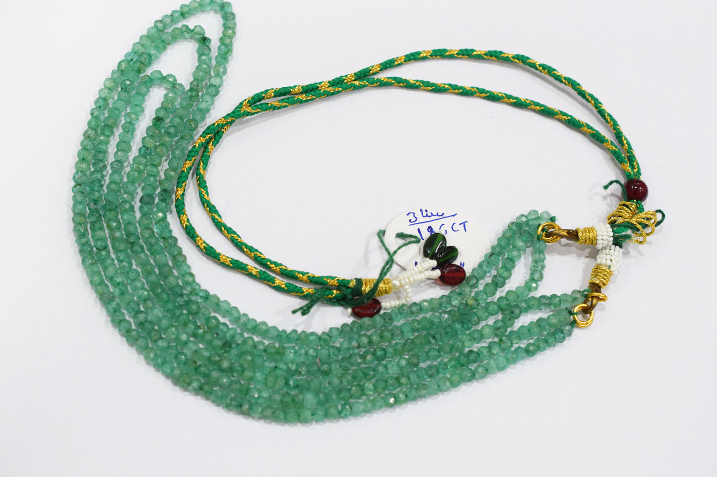 Green Strawberry Faceted Rondelle Shape Necklace , 3 Line Necklace 16 - 18 Inches Long With Adjustable Tussle , 4.25 mm , 20675