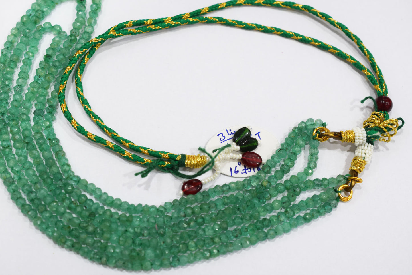 Green Strawberry Faceted Rondelle Shape Necklace , 3 Line Necklace 16 - 18 Inches Long With Adjustable Tussle , 4.25 mm , 20675