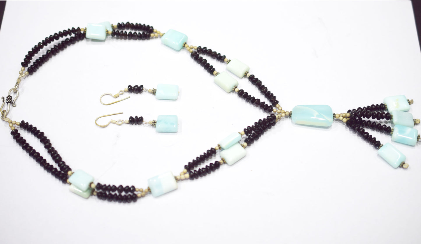 Natural Blue Opal And Black Smoky Necklace Set, Handmade Multi Strand Beaded Statement Jewelry, Boho Tassel Necklace Earring Set Gift For Her, BL-4598