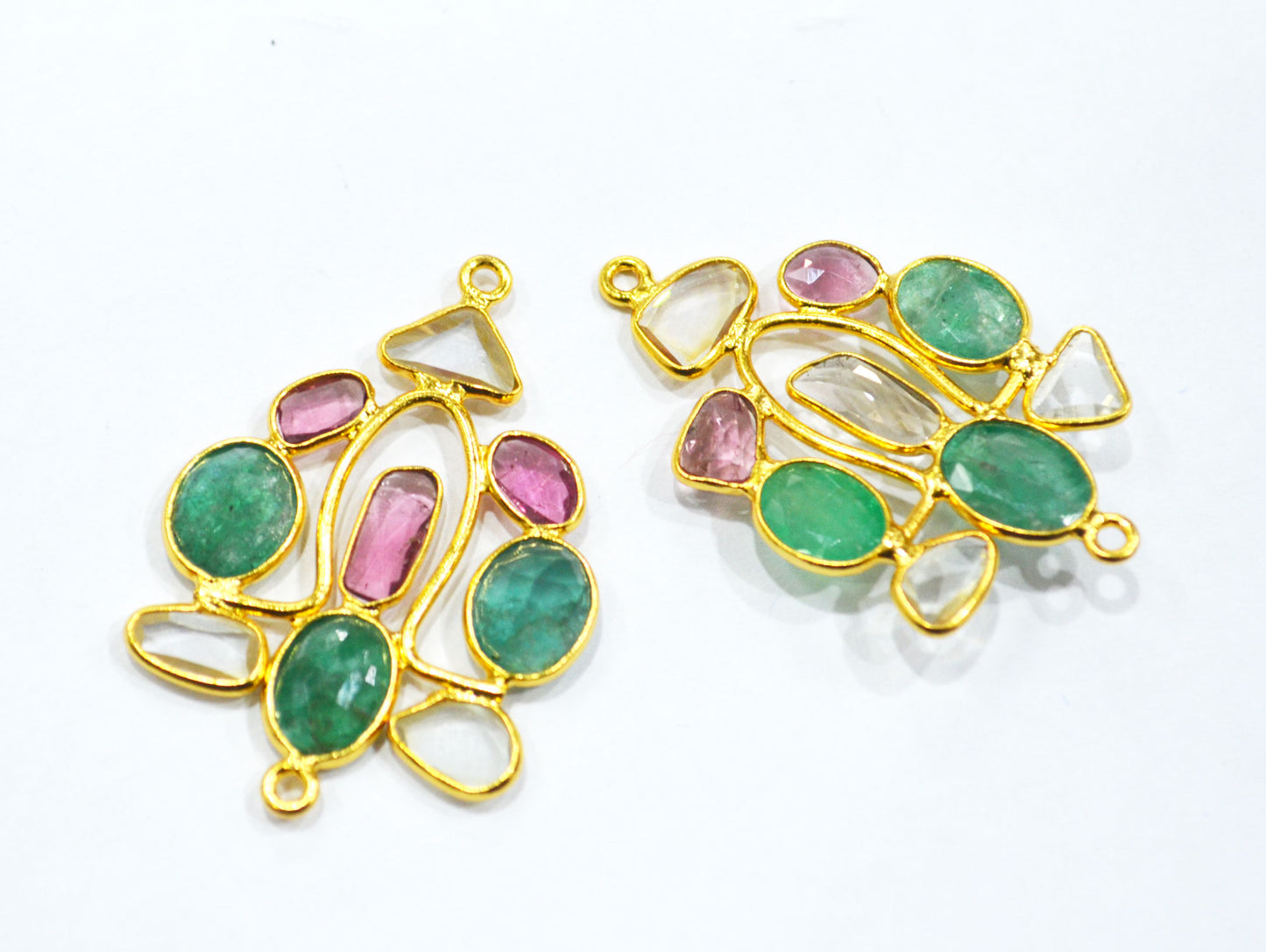 Stunning Tourmaline Emerald And Moissanite Diamond Pair in 925 Silver With 1 Gm Gold Plating Pair , Ready Component , 31x27 mm , 30040