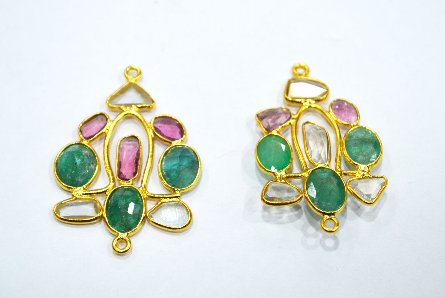 Stunning Tourmaline Emerald And Moissanite Diamond Pair in 925 Silver With 1 Gm Gold Plating Pair , Ready Component , 31x27 mm , 30040