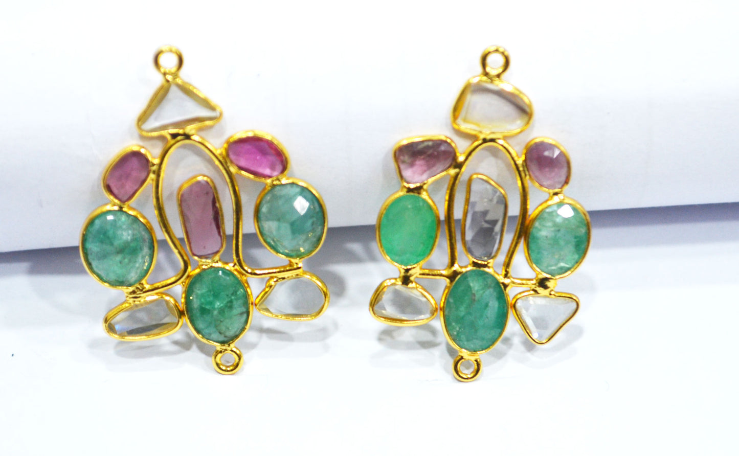 Stunning Tourmaline Emerald And Moissanite Diamond Pair in 925 Silver With 1 Gm Gold Plating Pair , Ready Component , 31x27 mm , 30040