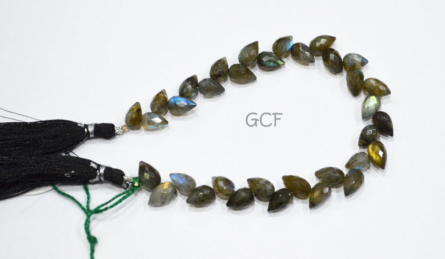 Labradorite Diagonal Drill Tear Drops Shape Beads , Labradorite Faceted Briolettes , 7.5 Inches , 6x9 mm , 31267