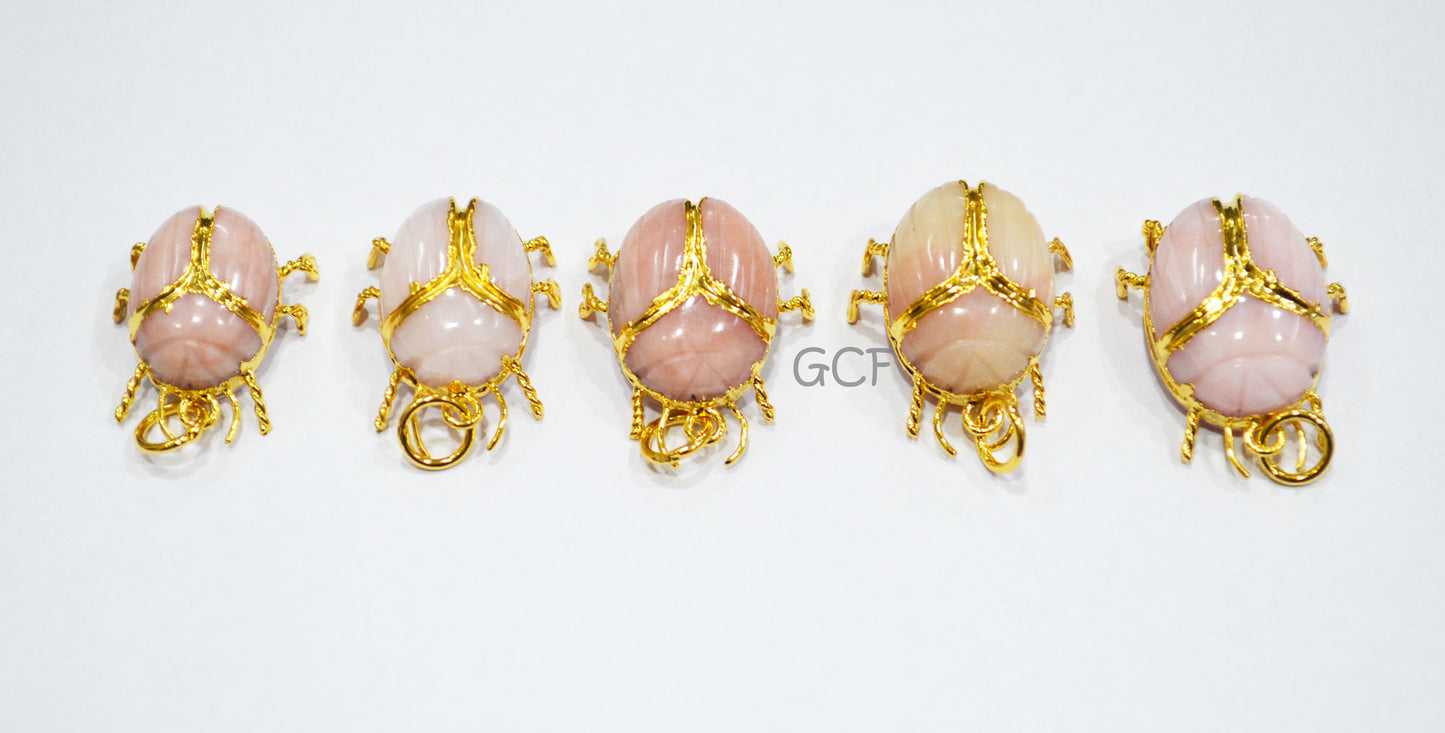 Pink Opal Electroplated Beetle Pendant , Egyptian Scarab Pink Opal Charm , Sold By Piece , Use To Make Jewelry , 2 - 2.50 cm , 31342