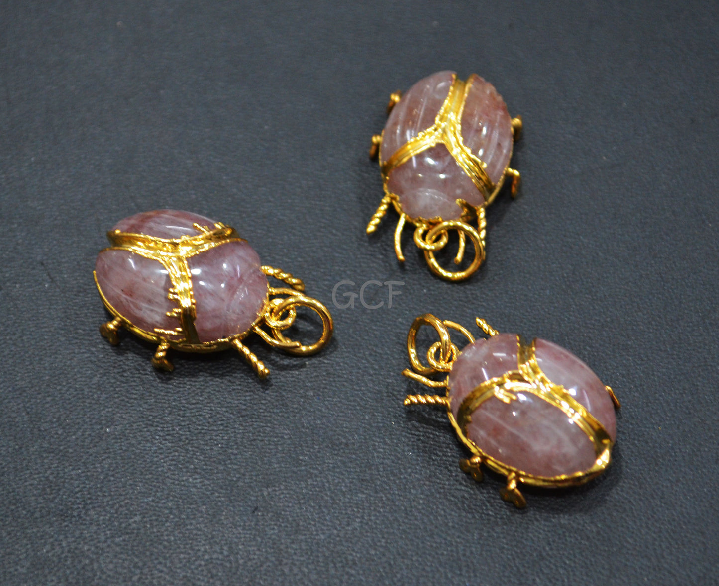 Strawberry Quartz Electroplated Beetle Pendant , Egyptian Scarab Strawberry Quartz Charm , Sold By Piece , 2.50 - 2.75 cm , 31344